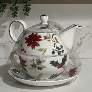 Grace Teaware Poinsettias Stacking Teapot,Tea Cup & Saucer - Tea For 1